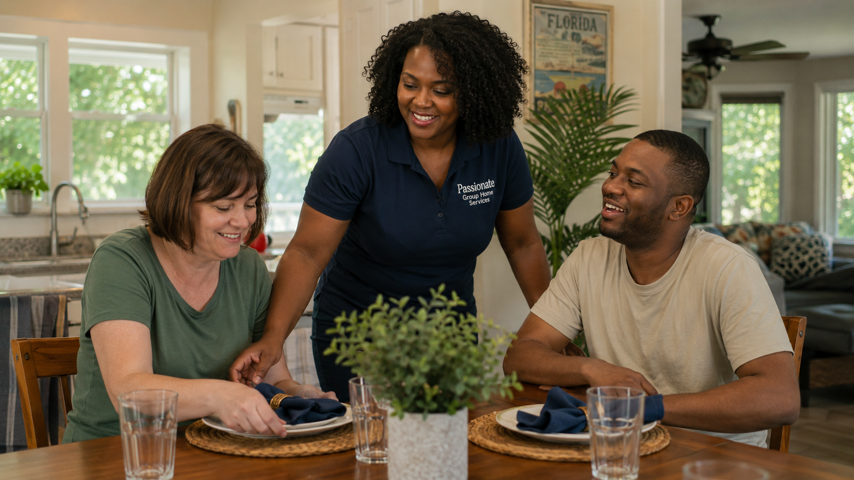 Support professional serving a meal to two individuals at a warm dining table
