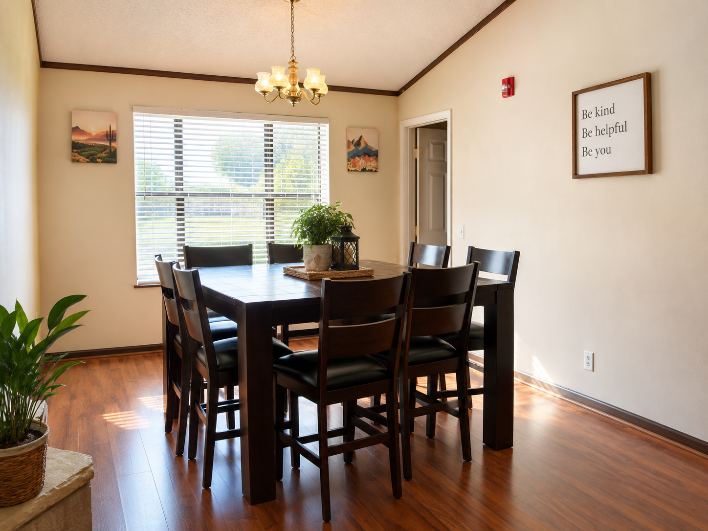 Bright dining area with seating and natural light