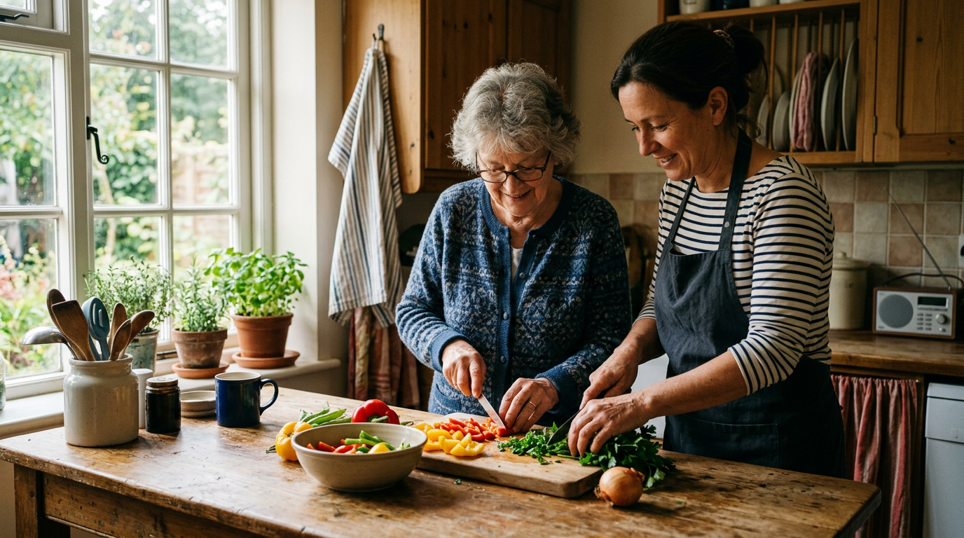 Support professional and individual preparing a meal together